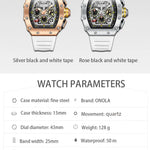 Twee ONOLA horloges met witte bandjes, zilver en roségoud.