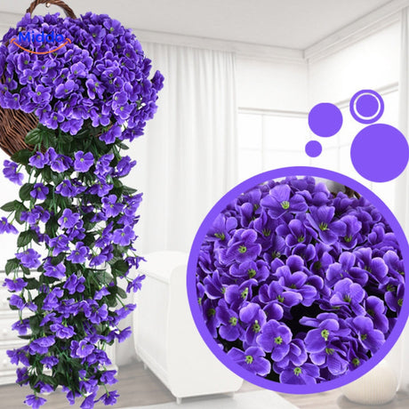 orchidées artificielles violettes en panier suspendu et en boule décorative, double mise en scène
