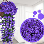 orchidées artificielles violettes en panier suspendu et en boule décorative, double mise en scène