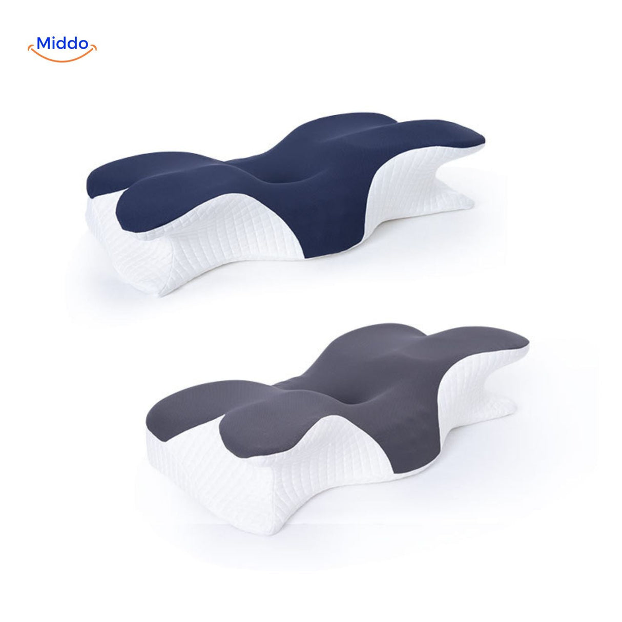 oreiller cervical ergonomique disponible en bleu et gris, combinaison de coloris