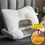 oreiller cervical ergonomique avec 2 taies en velours jaune offertes, sur un lit