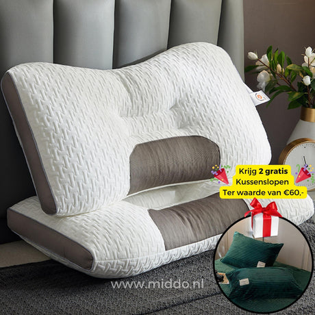 oreiller cervical ergonomique avec 2 taies en velours vert foncé offertes, sur un lit