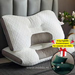 oreiller cervical ergonomique avec 2 taies en velours vert foncé offertes, sur un lit
