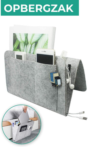 organisateur gris clair avec téléphone, magazine, clé, peigne et ouverture pour câble de recharge