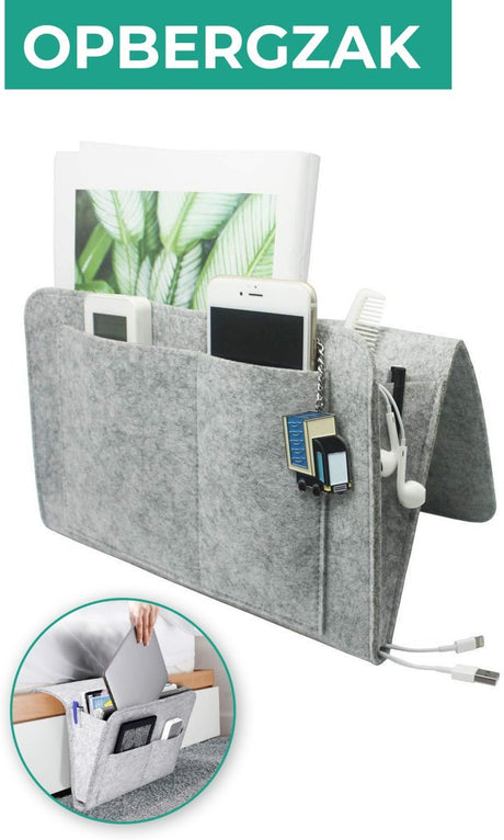 organisateur gris clair avec téléphone, magazine, clé, peigne et ouverture pour câble de recharge