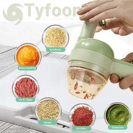 outil cuisine 4-en-1 avec différents ingrédients : ail, herbes et purée pour bébé