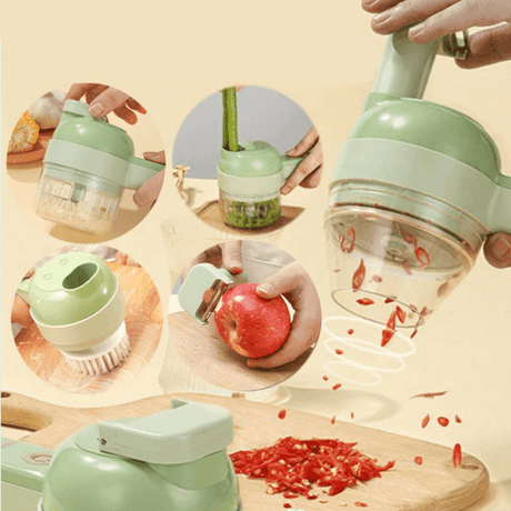 outil cuisine multifonction en action pour couper, hacher et eplucher les aliments