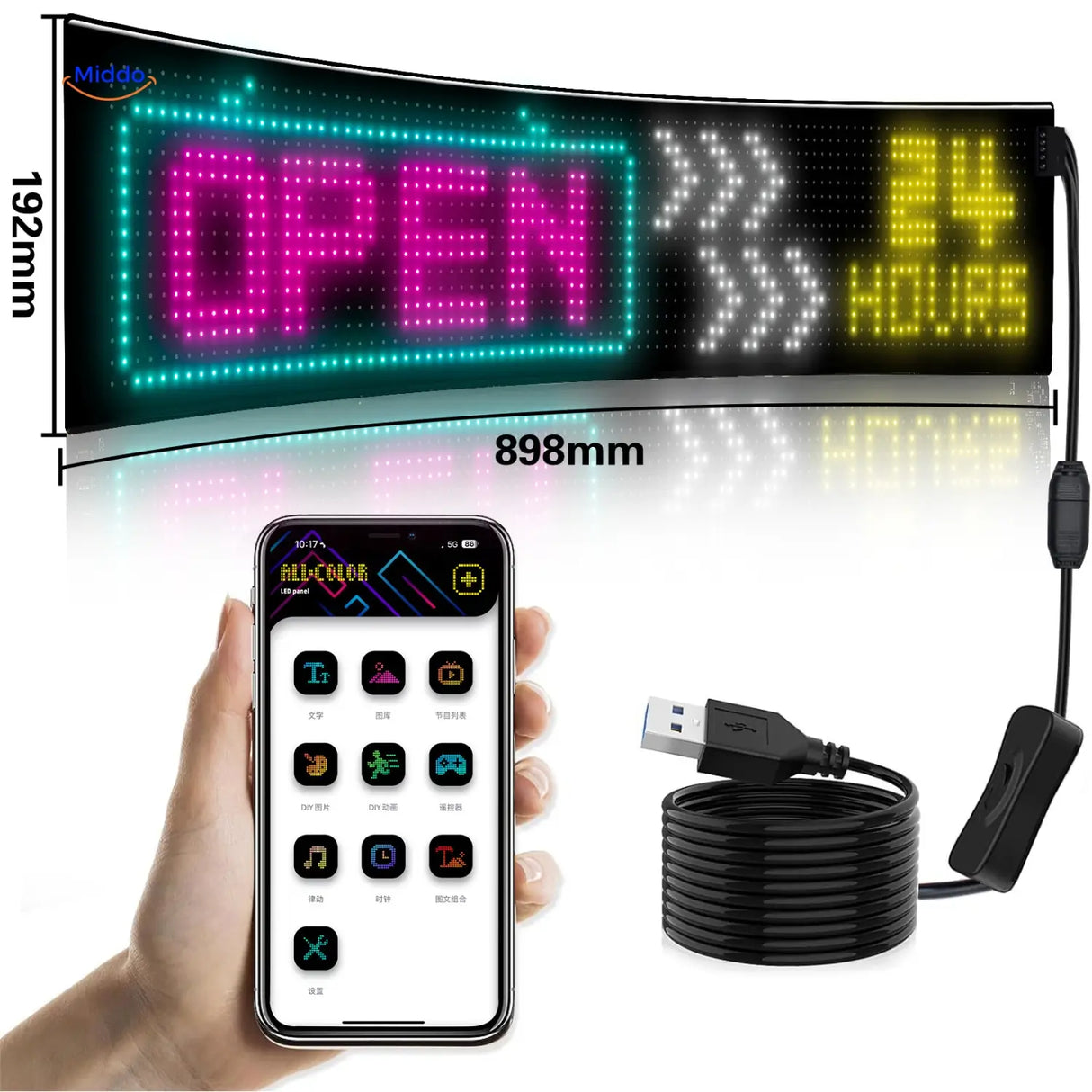 panneau LED matrix 16x96 pixels grand format, dimensions 192x898 mm, pour camions et bus