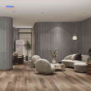 panneaux autocollants texture bois posés à la fois sur le plafond et le mur pour un design d'intérieur cohérent