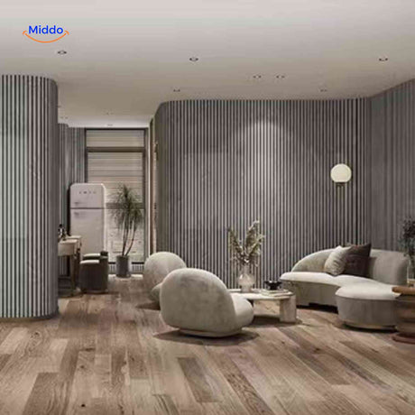 panneaux autocollants texture bois posés à la fois sur le plafond et le mur pour un design d'intérieur cohérent