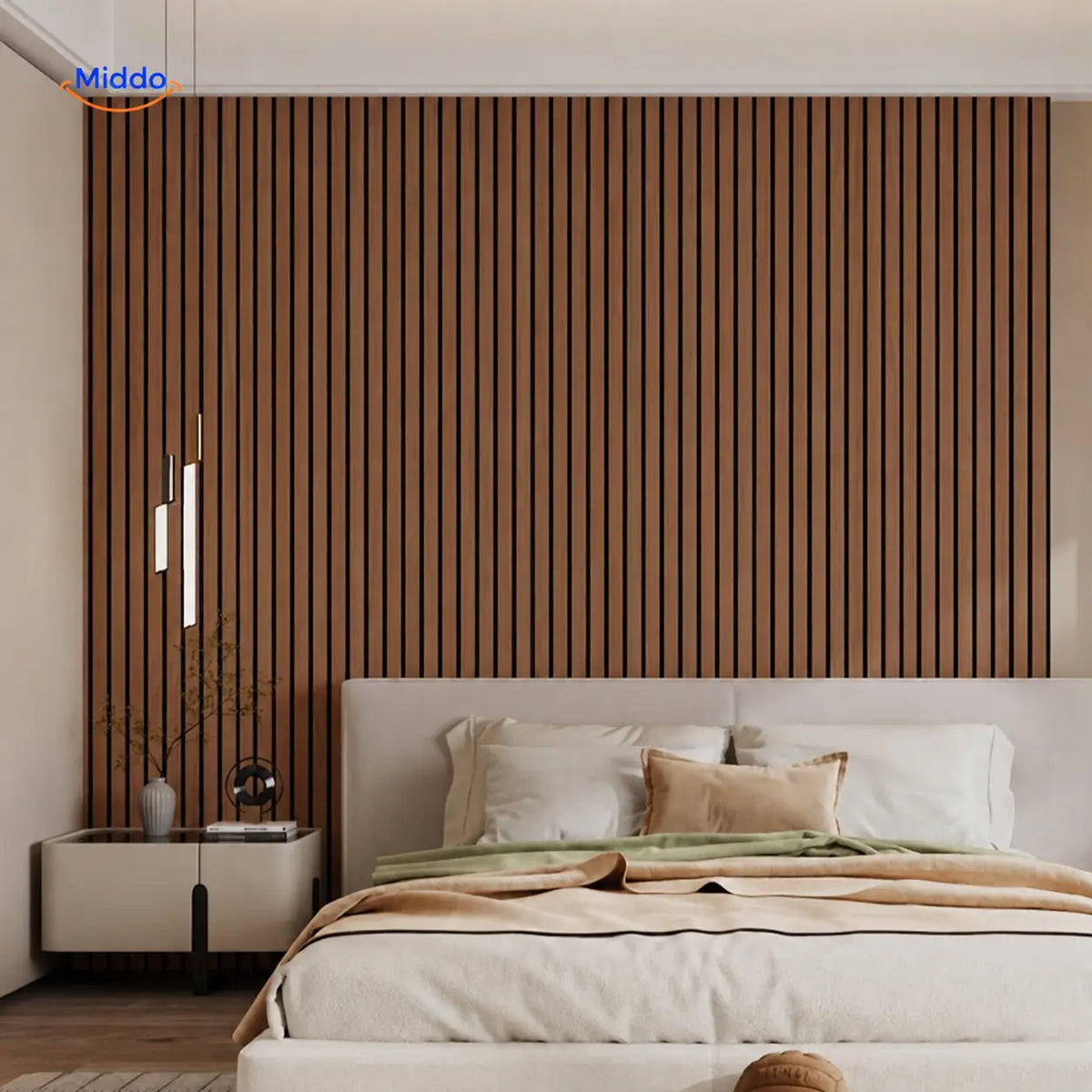 panneaux muraux texture bois dans une chambre moderne au design minimaliste et épuré