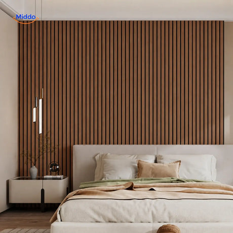 panneaux muraux texture bois dans une chambre moderne au design minimaliste et épuré