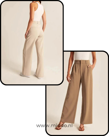 pantalon large femme coloris beige et brun côte à côte, vues avant et arrière