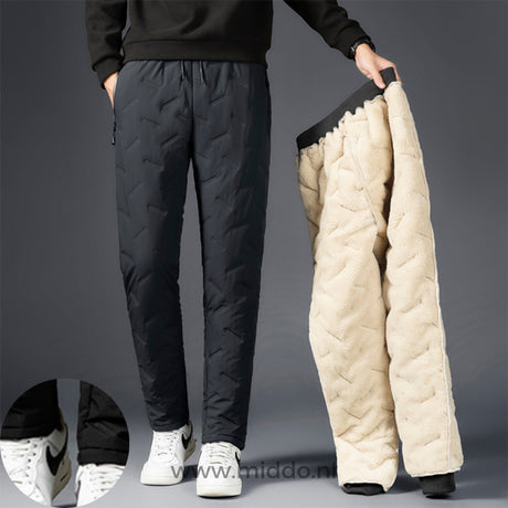 pantalon thermo gris présenté à côté de la doublure polaire beige retournée