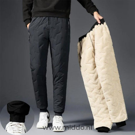 pantalon thermo imperméable gris avec doublure polaire beige étalé à plat