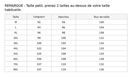 guide des tailles du pantalon thermo unisexe doublé polaire