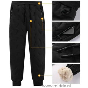 gros plan des détails de coutures et de la doublure polaire du pantalon thermo noir