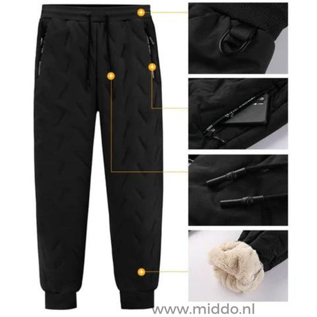 gros plan des détails de coutures et de la doublure polaire du pantalon thermo noir