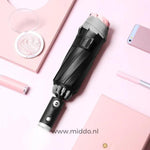 parapluie résistant au vent coloris rose posé avec un smartphone et un stylo sur fond rose