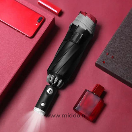 parapluie automatique résistant au vent avec bord réfléchissant, coloris rouge sur fond rouge