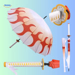 parasol anime blanc avec imprimé flammes orange et poignée style katana