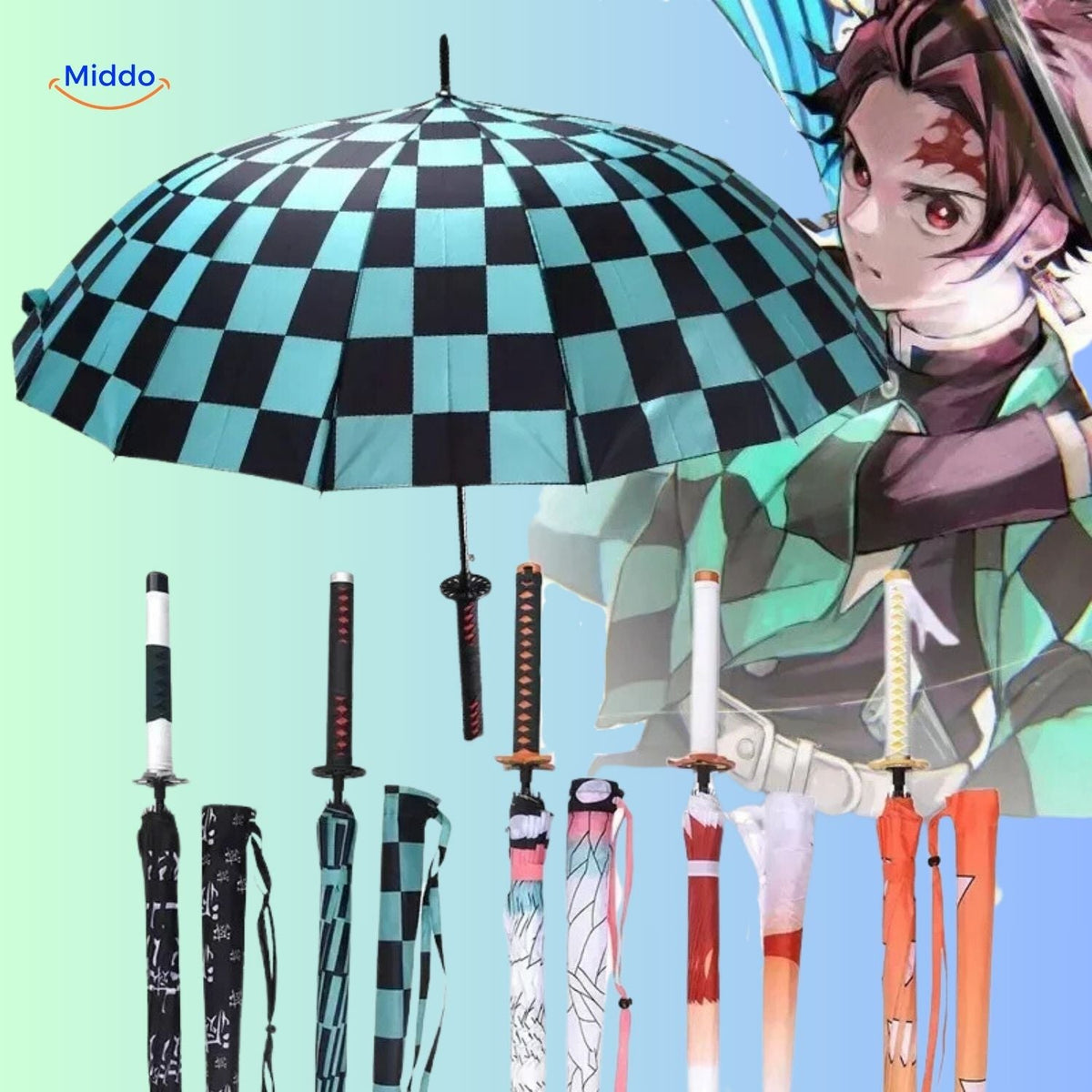 parasol anime noir et vert avec personnage Demon Slayer imprimé, protection UV