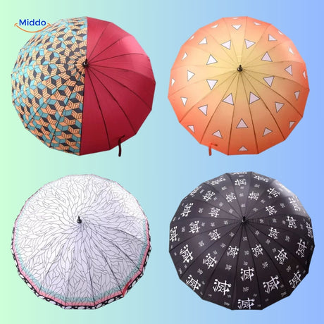 parasol anime orange avec motifs triangles blancs et manche en forme d'épée