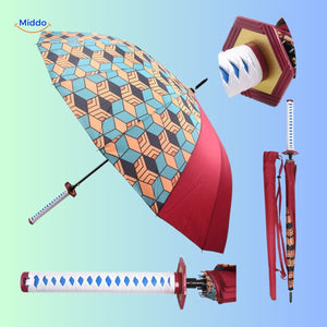 parasol anime rouge aux motifs géométriques colorés avec manche en forme d'épée