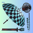 parasol anime rouge replié avec motifs imprimés et manche bleu et blanc