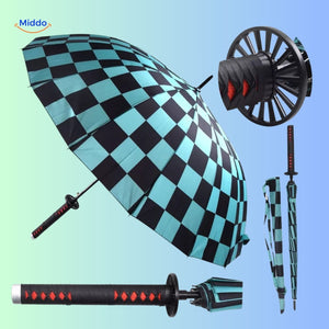 parasol anime rouge replié avec motifs imprimés et manche bleu et blanc