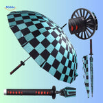 parasol anime rouge replié avec motifs imprimés et manche bleu et blanc