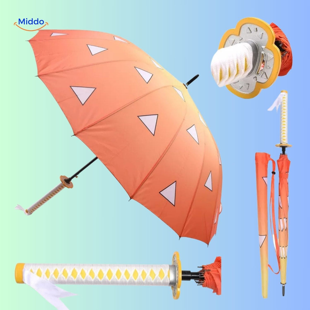 parasol anime damier vert et noir avec manche en forme d'épée noir et rouge