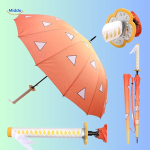 parasol anime damier vert et noir avec manche en forme d'épée noir et rouge