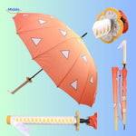 parasol anime damier vert et noir avec manche en forme d'épée noir et rouge