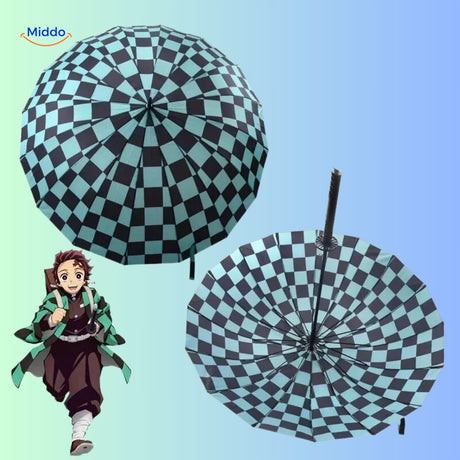 parasol anime vert et noir vu de dessus, motif personnage visible sur toute la surface