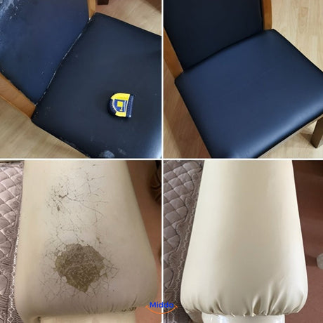gros plan sur la texture du patch cuir autocollant, finition naturelle et discrète