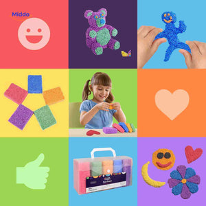 pâte à modeler multicolore avec créations : smiley, coeur, fleur et ours modelés