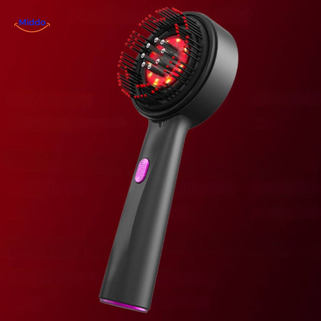 peigne laser croissance cheveux design elegant en coloris noir, massage du cuir chevelu et therapie lumiere rouge