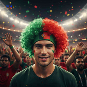 perruque bouclée vert et rouge portée par un fan en stade, look supporter original