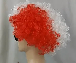 perruque bouclée rouge et blanc de supporter, accessoire festif parfait pour la coupe du monde