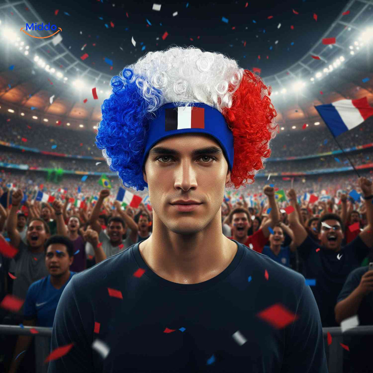 perruque de supporter bouclée aux couleurs de la France portée dans un stade de football
