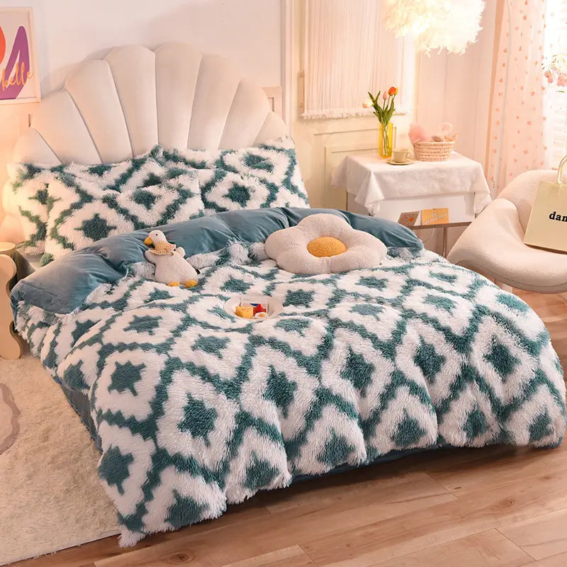 Parure de lit Teddy Fluffy en polaire, Carreaux bleu pétrole et blancs