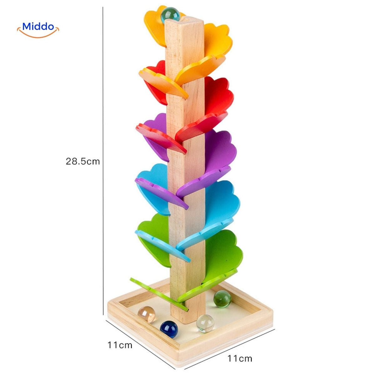 piste à billes arbre en bois de 28 cm de hauteur avec ses feuilles multicolores