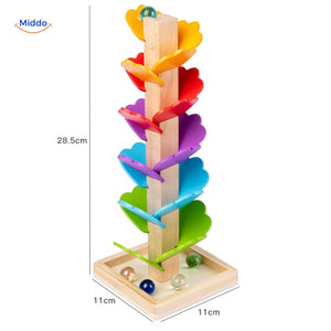 piste à billes arbre en bois de 28 cm de hauteur avec ses feuilles multicolores