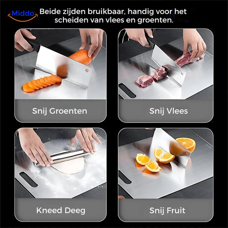 découpe de différents aliments sur la planche en inox, zéro plastique ingéré dans votre alimentation