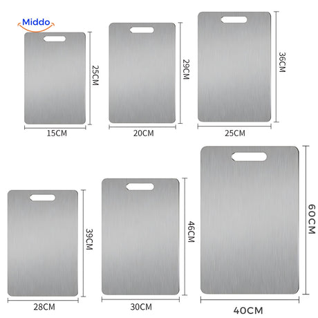 dimensions et tailles disponibles de la planche à découper en acier inoxydable safecut