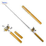 Gouden PocketPro hengel set met reel, ideaal voor compacte visserij.