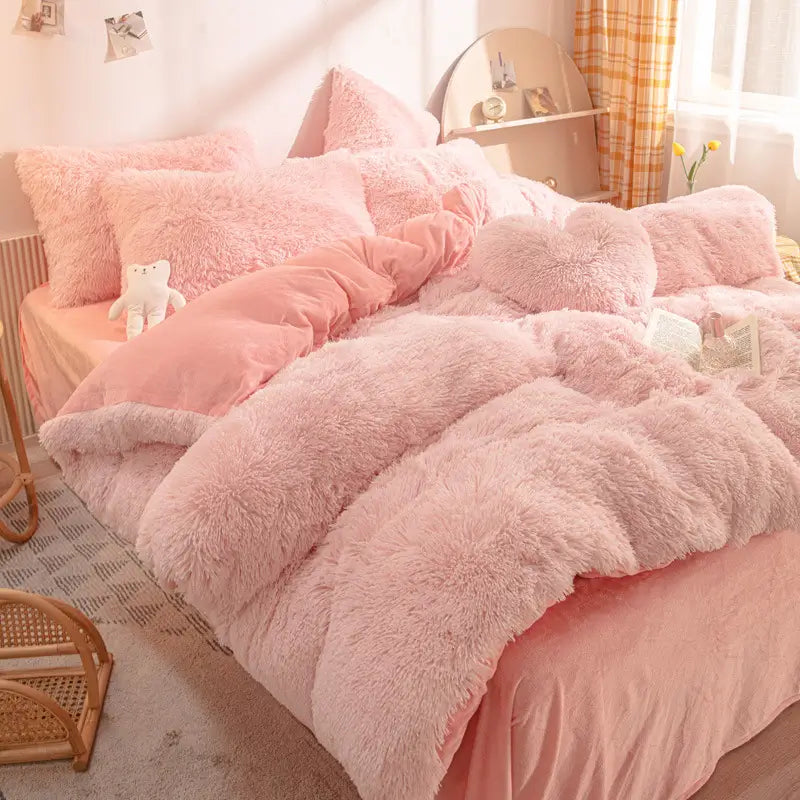 Parure de lit Teddy Fluffy en polaire, Rose poudré