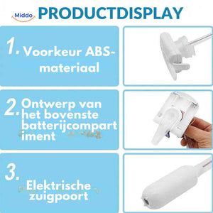 gros plan de la pompe à eau en matière ABS avec compartiment piles et orifice d'aspiration électrique