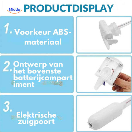 gros plan de la pompe à eau en matière ABS avec compartiment piles et orifice d'aspiration électrique
